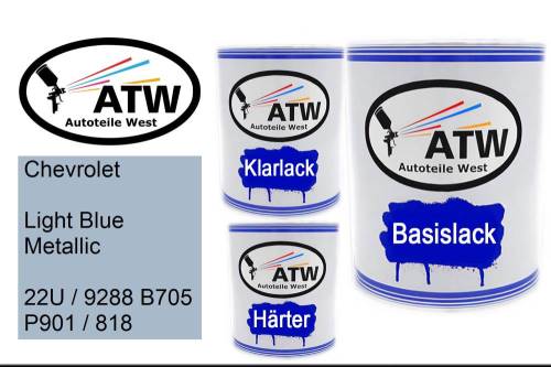 Chevrolet, Light Blue Metallic, 22U / 9288 B705 P901 / 818: 1L Lackdose + 1L Klarlack + 500ml Härter - Set, von ATW Autoteile West.